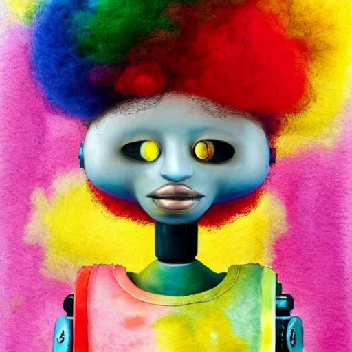 Image similar to a black girl with a colorful afro and rainbow eyes and her steampunk robot, bright colours, bokeh!! watercolor, volumetric wool felting, macro photography, children illustration, by goro fujita