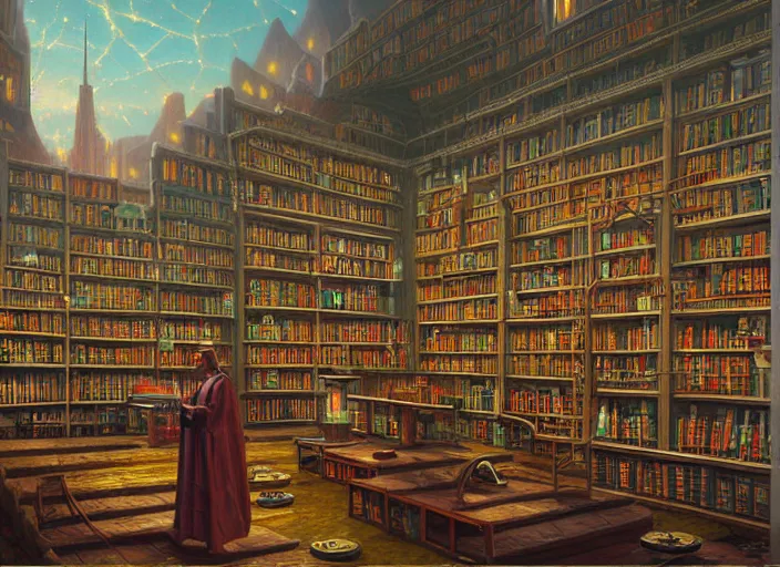 Prompt: the sacred library by simon stalenhag and thomas kinkade, oil on canvas, sharp, detailed - h 1 0 2 4