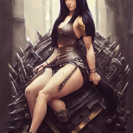 Prompt: a painting of tifa from final fantasy 7 in kings landing from game of thrones, sitting majestic on the iron throne, by greg rutkowski, artgerm, wlop, ruan jia, krenz cushart, alphonse mucha, marble, gold, unreal engine 5