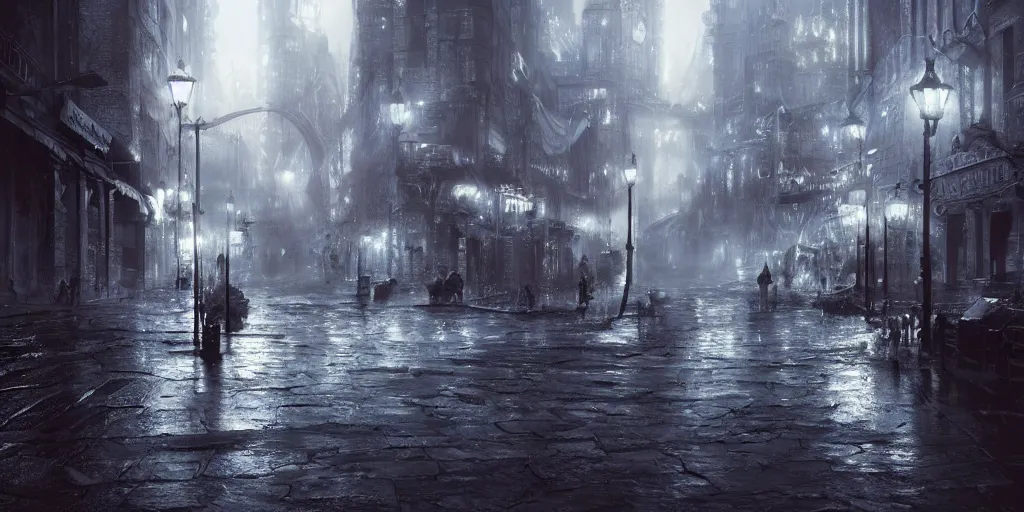 Image similar to a cold and melancholic city in a dark and rainy cavern, fantasy digital art, octane render, beautiful composition, trending on artstation, award - winning photograph, masterpiece