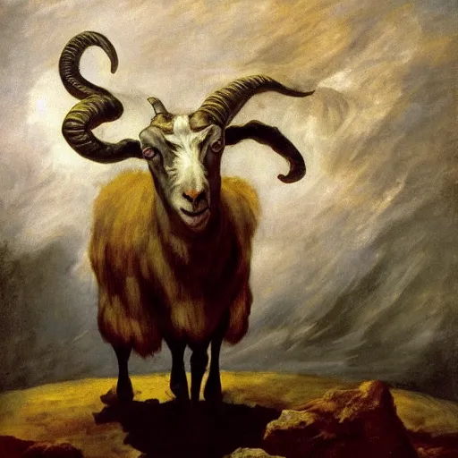 Prompt: the devastating wise goat, fantasy, h.p. Lovecraft, highly detailed, Francisco de Goya, HD, 8k