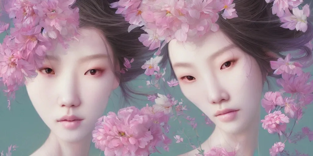 Image similar to highly detailed pastel colors of an ethereal asian beauty morphing gradually into flowers, by artgerm and hsiao - ron cheng, smooth composition, fine patterns and detail