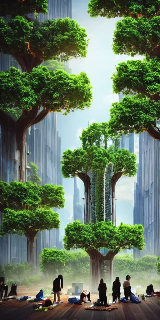 Prompt: high quality photo of futurist biophilic vertical city with giant oak tree in the middle and homeless people praying cinematic lighting-s 40