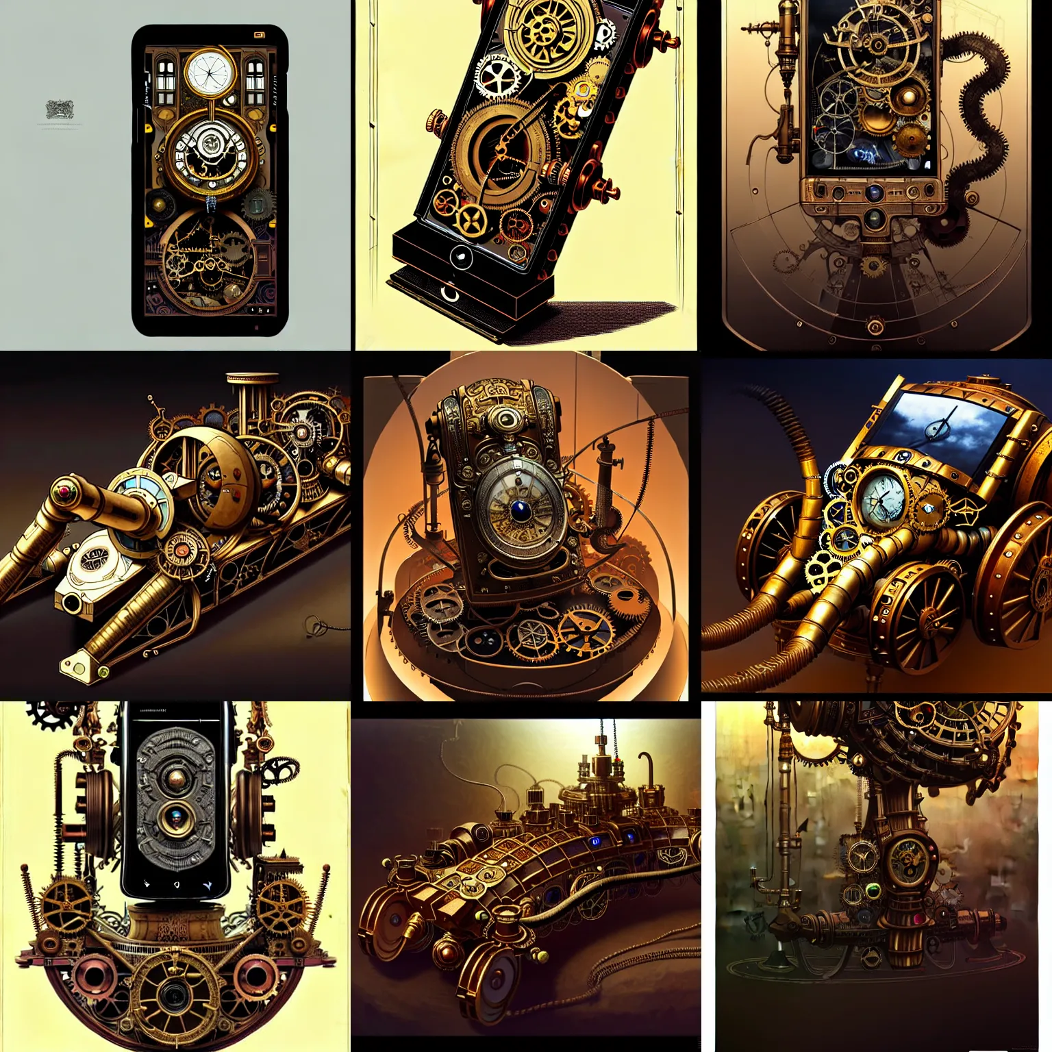 Prompt: an extremely complex and advanced steampunk cellphone from the 1840s, extreme plus resolution fantasy concept art, intricate details to everything visible, sharp lighting, Dramatic light by denis villeneuve, strong emphasis on alphonse mucha, Makoto Shinkai