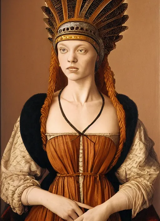 Image similar to portrait of young woman in renaissance dress and renaissance headdress, style by the fifth element