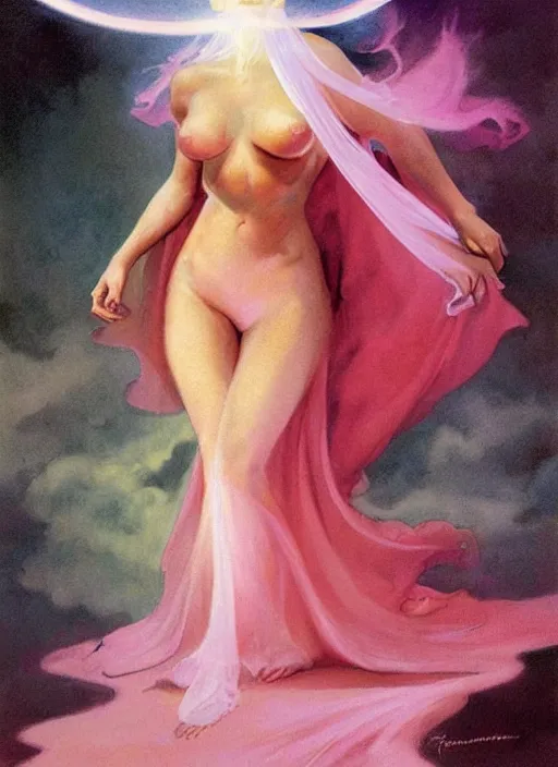 Image similar to portrait of plump sorceress of the moon, pink robe and veil, lightning halo, strong line, muted color, beautiful! coherent! by frank frazetta, by boris vallejo