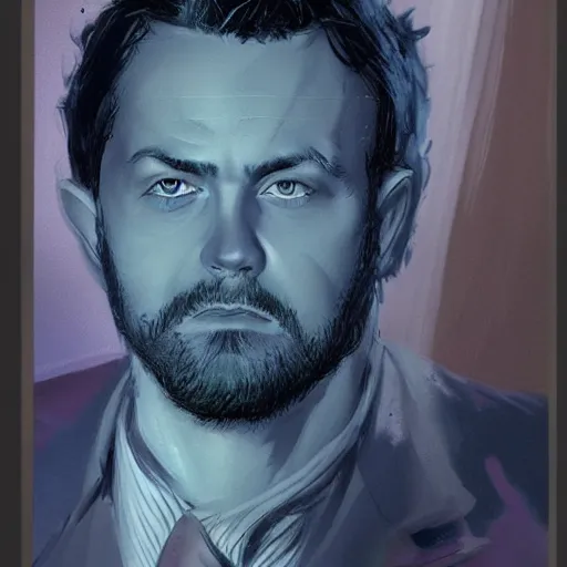 Image similar to beautiful portrait of a man with a short-beard blue eyes(looking like joshua jackson and aaron paul, sean astin), in the style of Enki Bilal and Joe Jusko and Alex Ross, backlit, concept art, trending on artstation