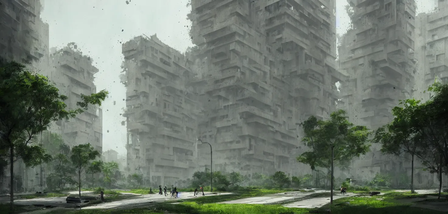 Image similar to brutalist architecture by Le Corbusier, abandoned buildings, empty streetscapes, surrounded by lush green vegetation, ground-level view, volumetric lighting, digital painting, highly detailed, artstation, sharp focus, illustration, concept art, ruan jia, steve mccurry, amazing composition