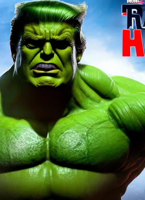 Image similar to donald trump as the hulk, he's green, superhero movie poster still, 4 k