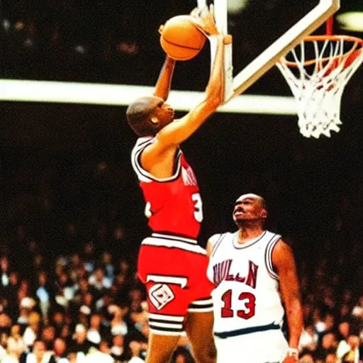 Prompt: jfk dunking on michael jordan. 1990s.