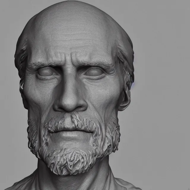 Image similar to photography of a bust of old Wiliam Dafoe made of clay by Sebastian Kruger and Michelangelo, 50mm, studio atmosphere, 8K, rim light, octane render, ultra-realistic