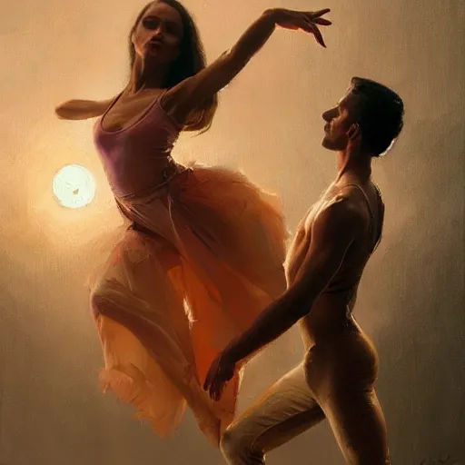 Image similar to oil painting dancer woman with dancer men, herb rose, by greg rutkowski, artstation