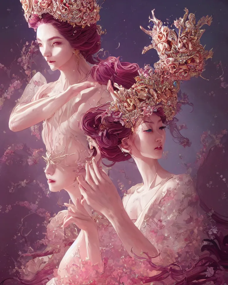 Image similar to A beautiful fantasy empress, highly detailed full body, breathtaking flower tiara, gorgeous aristocrat robe, beautiful figure, epic composition, ultra wide-shot, dynamic pose, concept art, beautifully lit, digital painting, character design, sharp focus, elegant, smooth, intricate, artstation, by WLOP and James Jean and Victo Ngai and Ryohei Hase