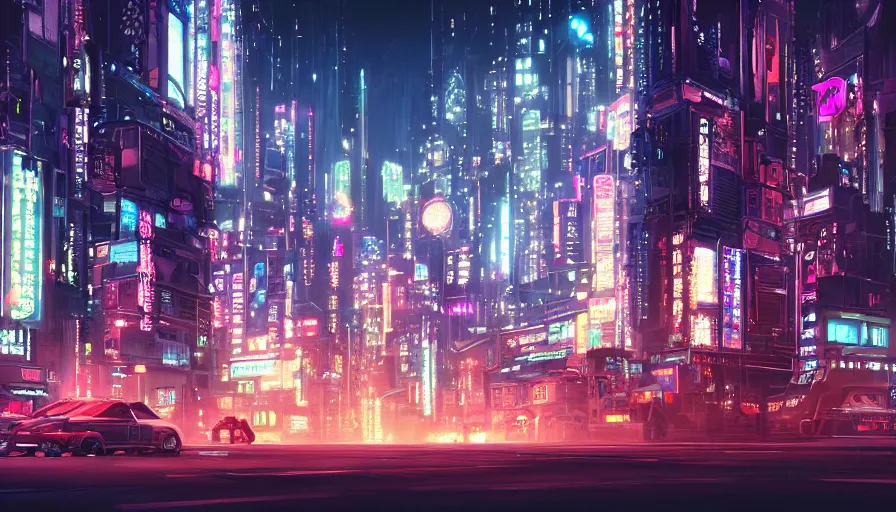 Prompt: A beautiful picture of an establishing shot of a cyberpunk neo tokyo city street by Sergey Vasnev and square pictures , trending on artstation