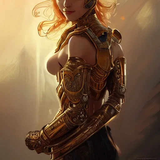 Image similar to portrait knights of Zodiac girl, golden and copper armor, sci-fi, fantasy, intricate, very very beautiful, elegant, highly detailed, digital painting, artstation, concept art, smooth, sharp focus, illustration, art by artgerm and WLOP and alphonse mucha