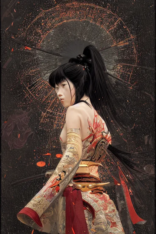 Image similar to portrait black hair samurai warrior girl, in ruin fire rainy honnoji temple night, ssci - fi and fantasy, intricate and very very beautiful and elegant, highly detailed, digital painting, artstation, concept art, smooth and sharp focus, illustration, art by tian zi and wlop and alphonse mucha