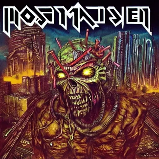 Prompt: Iron Maiden album cover cyberpunk Eddie city streets dystopian night time Street lights