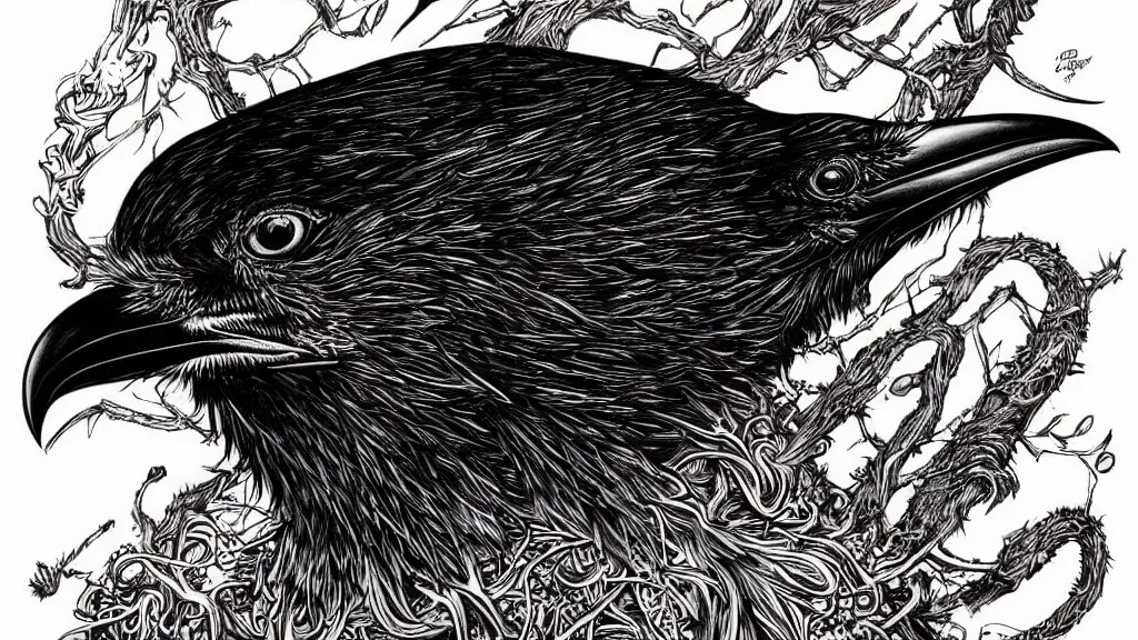 Image similar to highly detailed illustration of a crow on fire by aaron horkey