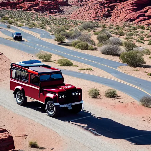 Image similar to a vintage land rover defender drives along a 2 lane road in the valley of fire, drone photo