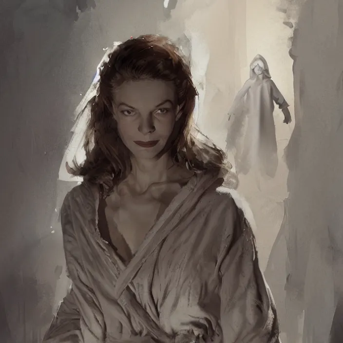 Prompt: young lauren bacall as a young mad mother in a tattered bathrobe / rags : costume design concept for a scifi film. by greg rutkowski, john j. park, jason chan, noah bradley, feng zhu, gintas galvanauskas. sharp focus, cinematic atmosphere, detailed and intricate, perfect anatomy