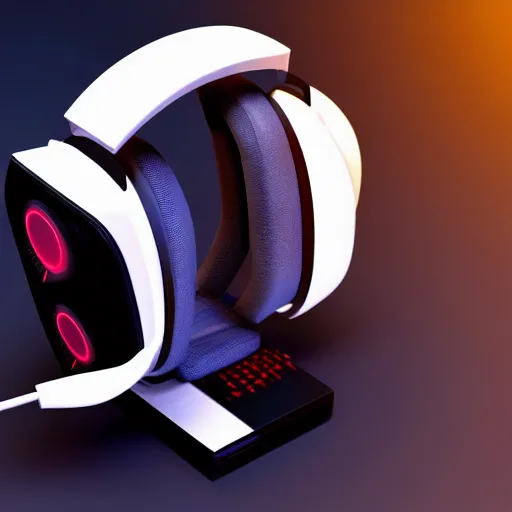 Image similar to headphone stand, futuristic, techno, cyberpunk, product design, 3 d render, 3 d concept, isometric design, fun, swag, cute, geometric