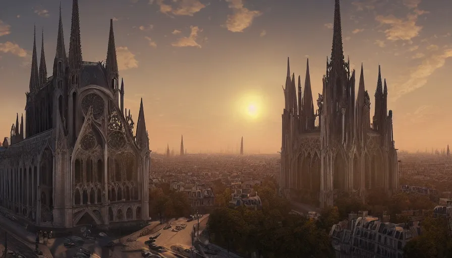 Prompt: Digital painting of Neo-Gothic Paris with a big sun, wide angle, volumetric light, artistic, hyperdetailed, artstation, cgsociety, 8k