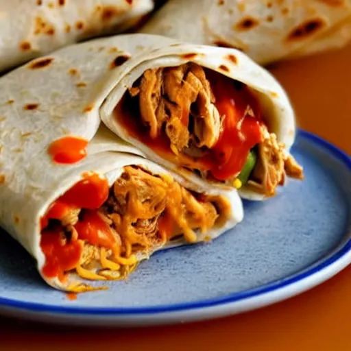 Prompt: a still of the Spiciest chicken burrito with ghost peppers and fire sauce, hd