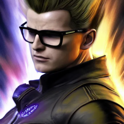 Image similar to albert wesker going super sayain, au naturel, hyper detailed, digital art, trending in artstation, cinematic lighting, studio quality, smooth render, unreal engine 5 rendered, octane rendered, art style by klimt and nixeu and ian sprigger and wlop and krenz cushart