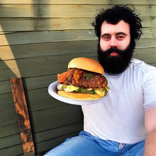 Image similar to heavy 2 0 year old, messy black hair, big beard, eating burgers, chicken nuggets, back porch table