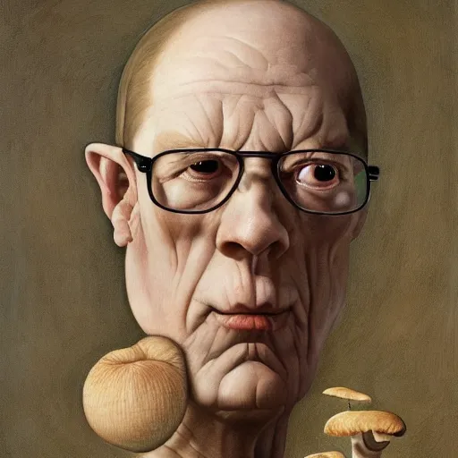 Prompt: portrait face head eyes man fungal ears Mushroom Sorcerer the Hank Hill camouflaged as a breadbasket wearing a black shirt mark ryden greg rutkowski andrew wyeth giorgio de chirico