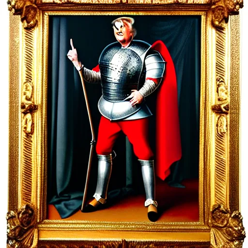 Image similar to full - body - front - shot, donald trump wearing knight'armor, crown, renaissance painting of a knight, detailed face