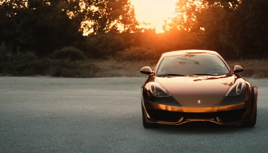 Prompt: a black woman sitting on a red sports car looking at the sunset, golden hour, cinematic, establishing shot