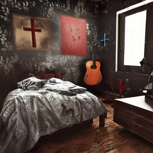 Prompt: male christian artist's messy, cluttered, dirty bedroom with black wallpaper with blue floral pattern and a large bold red christian cross crucifix on the wall. items covering floor. realistic, highly detailed, sharp focus, volumetric lighting, full shot, 3 5 mm, unreal engine
