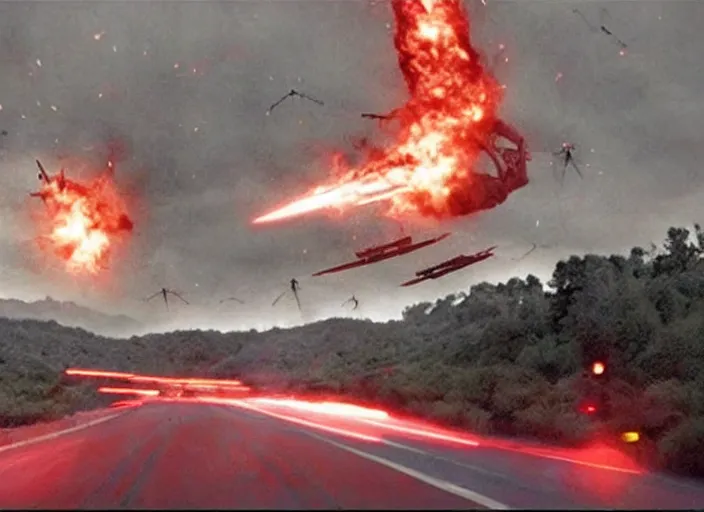 Prompt: Dash cam footage of an alien invasion, michael bay, war of the worlds