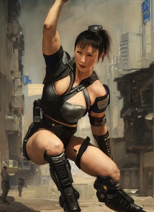 Image similar to chun li doing backflip. cyberpunk police trooper in a military vest ( blade runner 2 0 4 9, cyberpunk 2 0 7 7 ). orientalist portrait by john william waterhouse and james gurney and theodore ralli and nasreddine dinet, oil on canvas. cinematic, hyper realism, realistic proportions, dramatic lighting, high detail 4 k