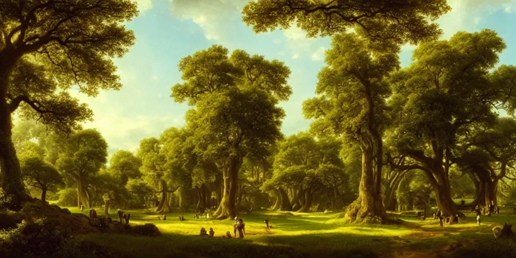 Prompt: the shire castle, houses, forest, crowd, botanic foliage, big oaks, oaks, trees, grass landscape, dramatic lighting, george andries roth, pieter rudolph kleijn, abraham teerlink,