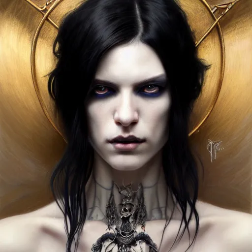 Image similar to portrait painting of an androgynous witch with shoulder length black hair pale skin and beautiful eyes wearing a punk clothes, ultra realistic, concept art, intricate details, eerie, highly detailed, photorealistic, octane render, 8 k, unreal engine. art by artgerm and greg rutkowski and magali villeneuve and alphonse mucha