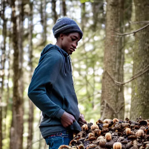 Prompt: Portrait of a destitute young man foraging for mushrooms. Deep shadows and highlights. f/2.0 ISO 800. Shutter speed 1/120 sec. Lightroom.