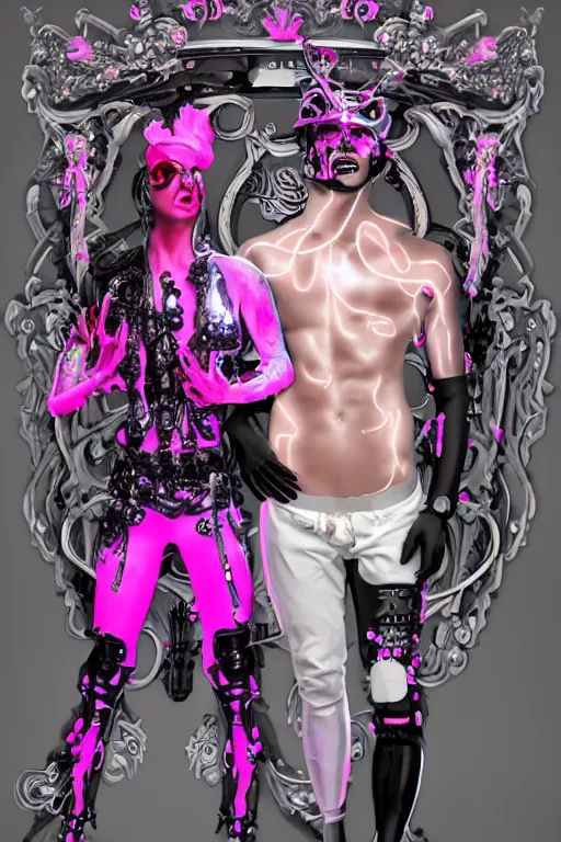 Image similar to full-body rococo and cyberpunk style neon statue of a muscular attractive Spanish macho android sim roupa reclining con las piernas abertas e la piroca e dotado, ethereal white dripping tar, glowing orange lasers, pink tigers, glowing eyes, silver prince crown, black gears, pink diamonds, swirling mint-colored silk fabric. futuristic elements. full-length view. human skulls. large intricate artwork by caravaggio. Trending on artstation, octane render, cinematic lighting from the right, hyper realism, octane render, 8k, depth of field, 3D