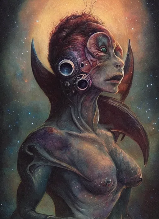 Prompt: portrait of female space goblin, night sky background, beautiful! coherent! by brom, by brian froud, deep color, strong line, high contrast