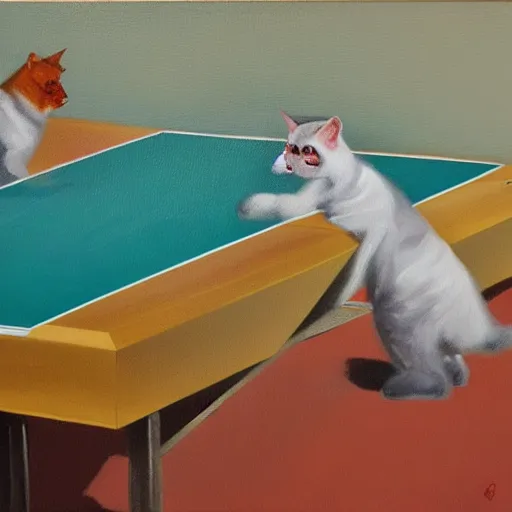 Image similar to Due gatti che giocano a ping pong, oil painting