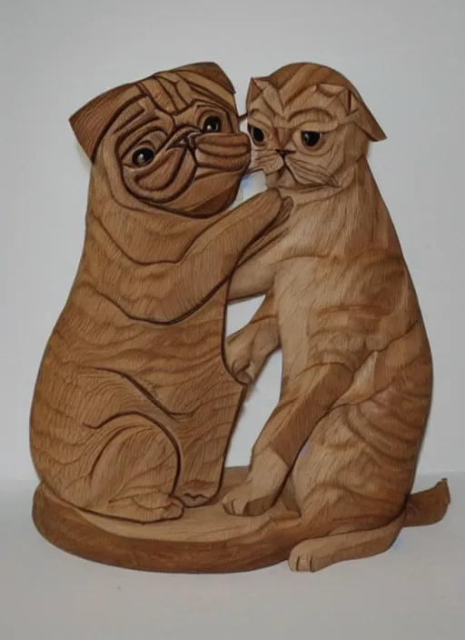 Image similar to wood carving of a pug squaring up to a large tabby cat