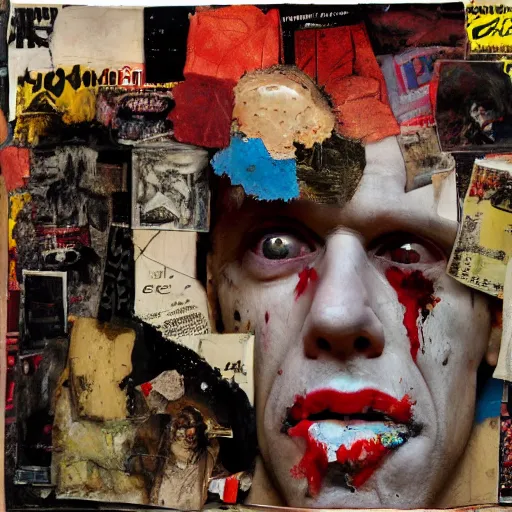 Prompt: hyperrealistic, photorealistic, mixed media oil painting of tom waits, magazine scraps, plaster, blood, oil, mustard, splatter, greg rutkowski, basquiat, ralph steadman, wesley kimler, terry gilliam, andy warhol, dali