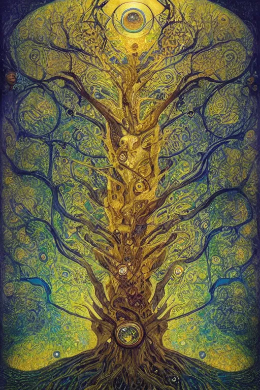 Image similar to Tree of Life by Karol Bak, Jean Deville, Gustav Klimt, and Vincent Van Gogh, Surreality, radiant halo, jeweled leaves, otherworldly, enigma, fractal structures, celestial, arcane, ornate gilded medieval icon, third eye, spirals