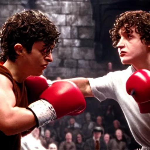 Prompt: harry potter in a boxing fight with frodo baggins