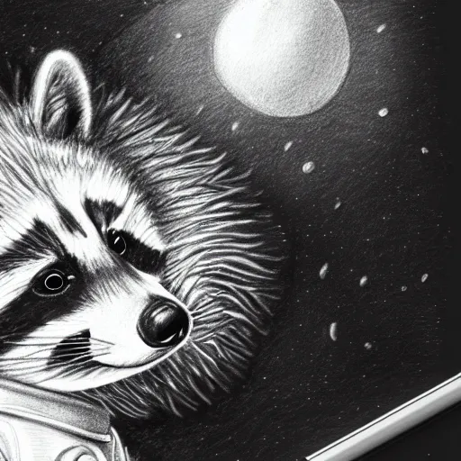 Image similar to a very detailed pencil drawing of a raccoon in an astronaut suit in space 4 k, high resolution, still, landscape, hd, dslr, hyper realistic, sketch