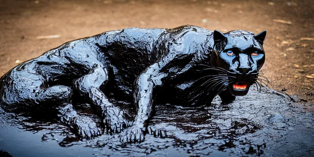 Image similar to a panther, made of tar, bathing inside the tar pit, full of tar, covered with liquid tar. dslr, photography, realism, animal photography, color, savanna, wildlife photography