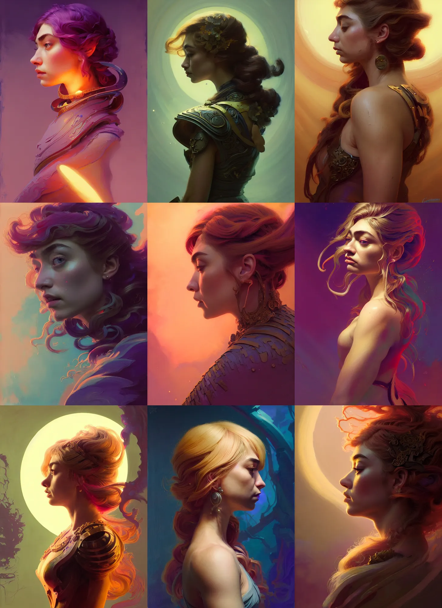 Prompt: side portrait, imogen poots, paladin, gloomhaven, organic painting, hard edges, psychedelic, art nouveau, ray tracing, volumetric, luminescent, octane render, by greg manchess, huang guangjian, gil elvgren, sachin teng, greg rutkowski, jesper ejsing, rhads, ilya kuvshinov