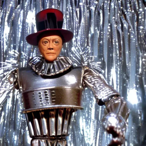 Image similar to a still from a tv commercial for an action figure of christopher walken as the tin man from the wiz the movie, 4 k, highly detailed, award winning, look at all that detail!