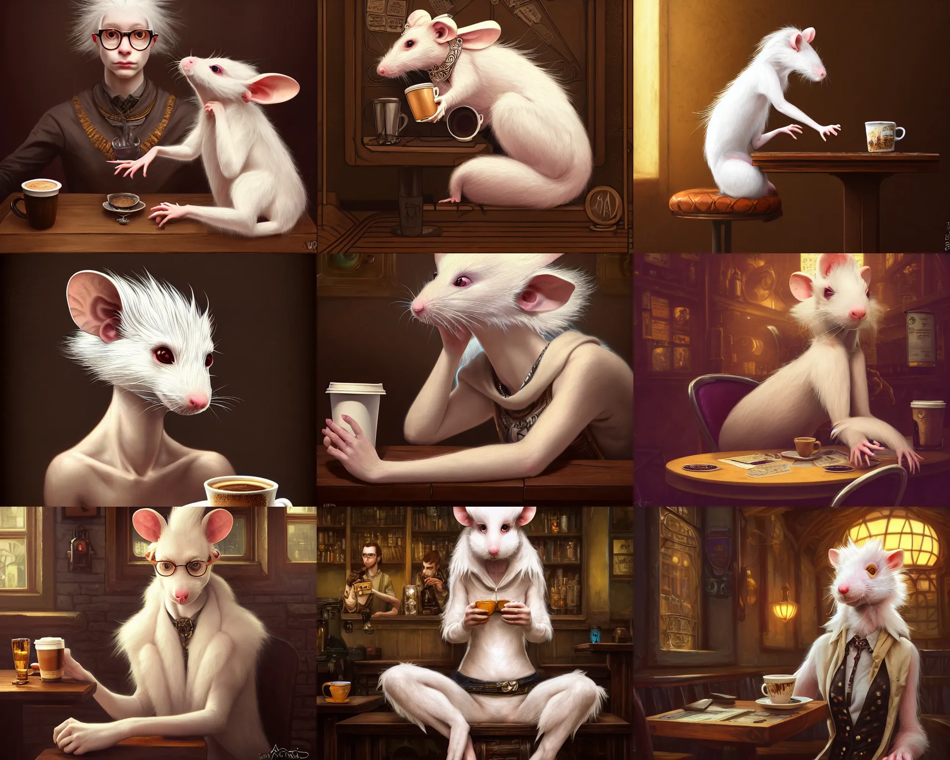 Prompt: photography of a female anthropomorphic albino rat hipster fursona sitting in a coffee shop, deep focus, d & d, fantasy, intricate, elegant, highly detailed, digital painting, artstation, concept art, matte, sharp focus, illustration, hearthstone, art by artgerm and greg rutkowski and alphonse mucha